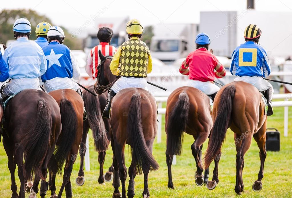Horse riders on the race track from behind