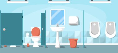 Public toilet. Interior of a clean empty sanitary room. Modern ceramic lavatory. Sink and mirror, toilet paper and seats in a row. Male toilet. clipart
