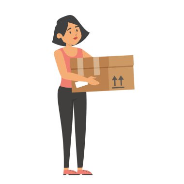 Kutu taşıyıcısı olan bir kadın izole edilmiş. Kurye olarak çalışan biri, teslimat servisi. Kahverengi paket, ulaşım fikri..