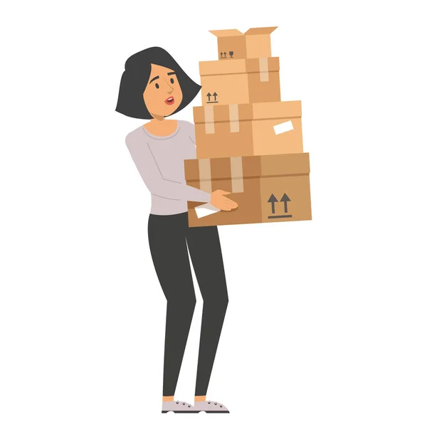 ボックスベクトルの山を保持する女性が隔離された 宅配便 配達サービスとして働いている人 ブラウンパッケージ 輸送のアイデア — ストックベクタ