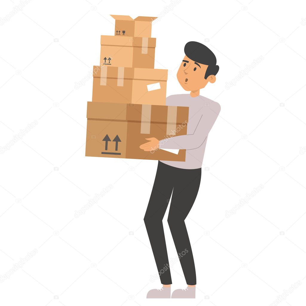 Man holding a pile of boxes vector isolated. Person working as a courier, delivery service. Brown package, idea of transportation. Heavy weight