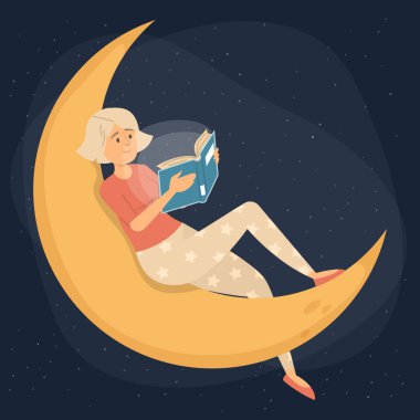 Pijamalı bir kadın geceleri ilginç kitaplar okuyor. Altın ay üzerinde açık bir kitapla oturan kadın karakter. Hayal gücü kavramı. Gece gökyüzündeki yıldızlar.