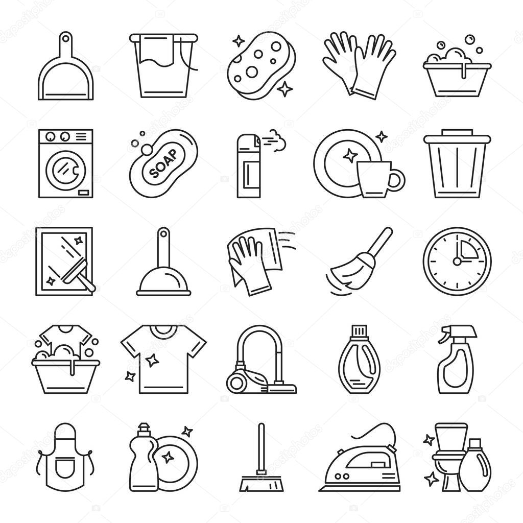 Cleaning icons set vector isolated. Bucket, mop, spray and sponge. Collection of housework symbols. Hygiene and cleanliness. Soap and brush against the dirt.