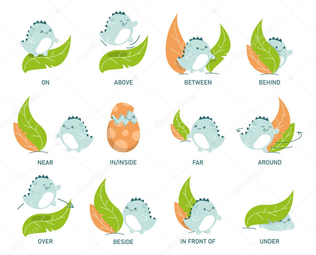 Cute dinosaur and leaves, learning preposition vector isolated. Preschool education, study position of the object. Front side and behind. Dino jumping above and around the plant. Animal in egg.