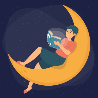 Geceleri ilginç kitaplar okuyan bir adam. Altın ay üzerinde açık bir kitapla oturan erkek karakter. Hayal gücü kavramı. Gece gökyüzünde yıldızlar ve hilal.