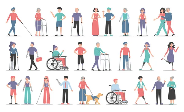 Ensemble Personnes Handicapées Collection Personnages Handicapés Femmes Hommes Sourds Aveugles — Image vectorielle