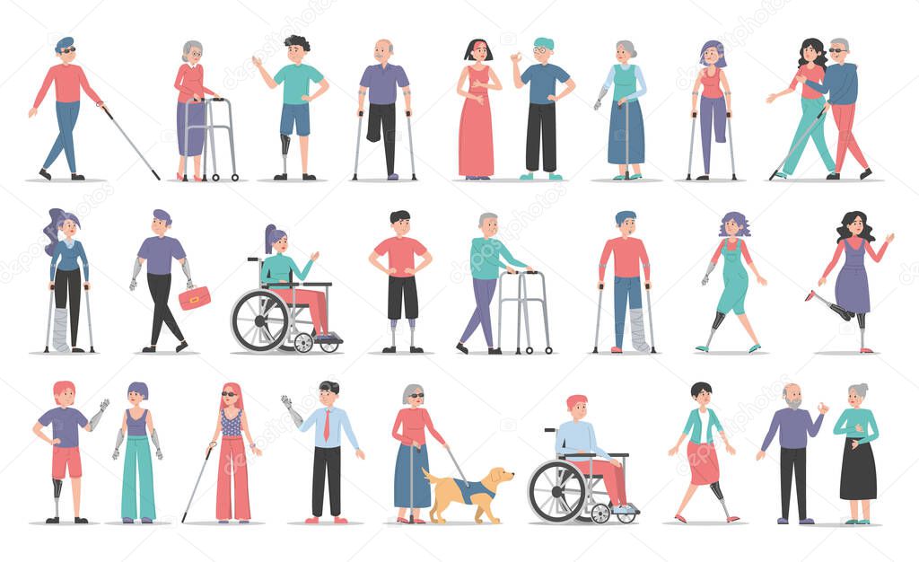 Disabled people set. Collection of characters with disability. Deaf, blind and handicapped women and men. Adults with prosthetic arms and legs. Guy in a wheelchair, injured girl with crutches.