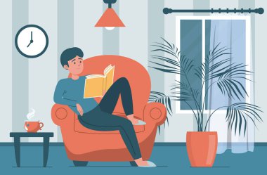 Adam kitap okuyor. Koltukta oturan ve elinde kitap tutan erkek karakter. Evde biri var, ev içi rahatlama. Oturma odasının içi..