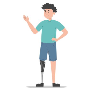 Protez bacak vektörü olan mutlu genç adam izole edildi. Protez takan genç bir yetişkin resmi. Özürlü kişi, yapay bacaklı erkek karakter..