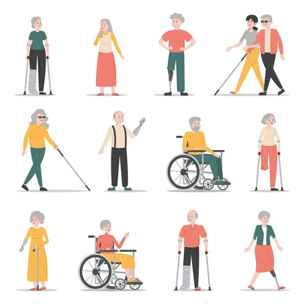 Idosos Deficientes Preparados Coleção Personagens Com Deficiência Mulheres Homens Cegos — Vetor de Stock