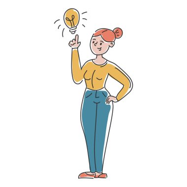 Fikir sahibi iş kadını izole edildi. Harika bir çözüm, bir fikir metaforu olarak ampul. Zekice ve yenilikçi bir strateji. Çizim tarzında resimleme.