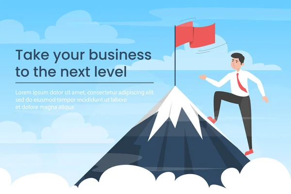 商人走向胜利 把你的生意推向下一个层次 用红旗表示人在山顶上的形象 象征着成功和目标的实现 — 图库矢量图片