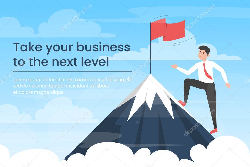 Businessman moving towards victory. Take your business to the next level banner. Vector illustration of man in suit on top of the mountain with red flag as a symbol of success and goal achievement.