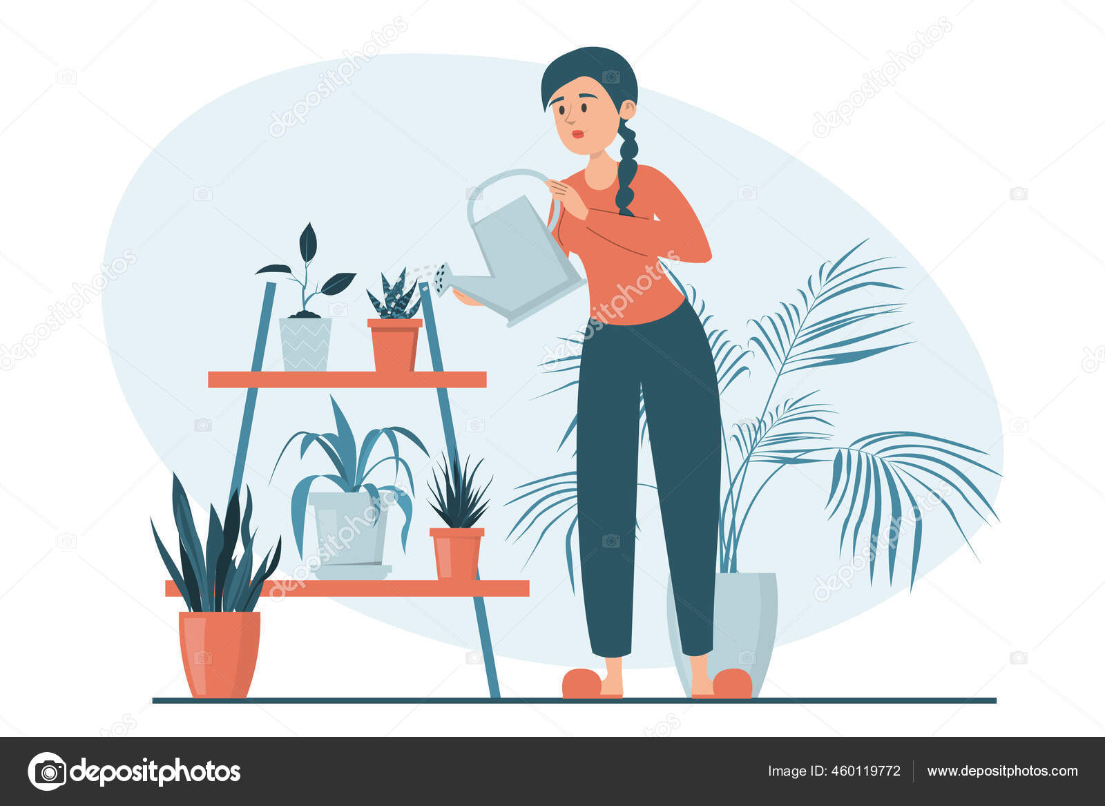 在盆栽中浇灌植物的妇女被隔离描述一个照顾家庭植物的女性角色园艺概念美丽的盆栽 图库矢量图像 C Imlucky