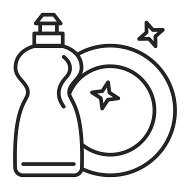 Temiz bir tabak ve plastik şişe vektöründeki deterjan ikonu izole edilmiş. Çanak çömlek ve çamaşır malzemelerinin ana hatları..