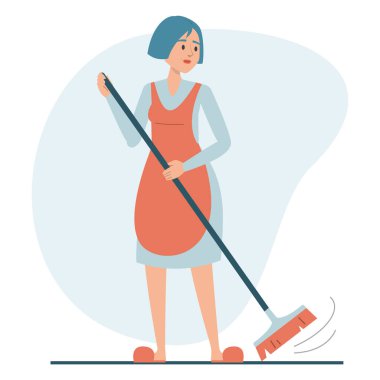 Süpürge vektörüyle yerleri süpüren kadın izole edildi. Ev işi fikri, odayı temizleyen bir ev kadını. Günlük rutin.