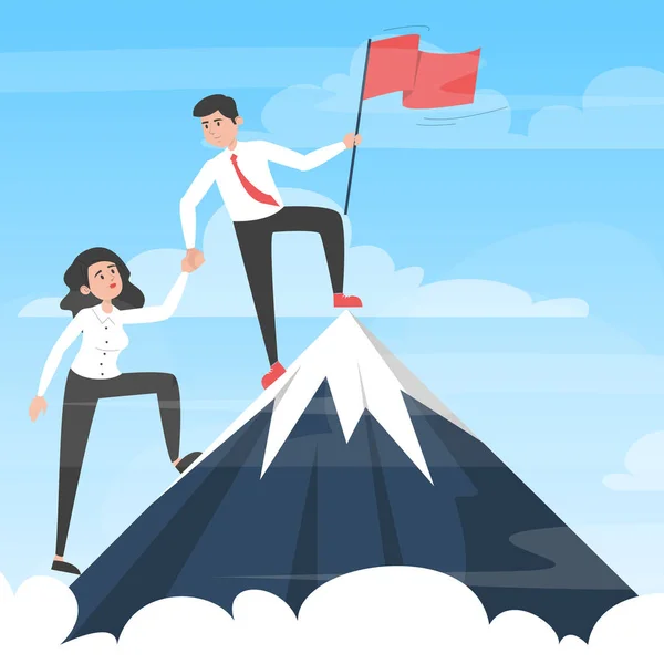 商业团队正在走向胜利 把你的业务推向下一个层面的概念 图上的妇女和男子穿着西服站在山顶上 用红旗象征成功 — 图库矢量图片