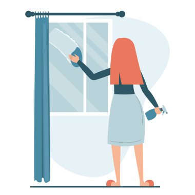 Kadın cam vektörünü temizliyor. Ev hanımı ev işlerini yapıyor. Cam pencereyi süngerle yıkıyorum..