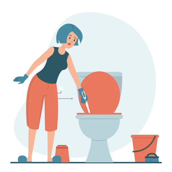 Woman Cleaning Dirty Toilet Vector Isolated Hygiene House Daily Routine — Stock Vector