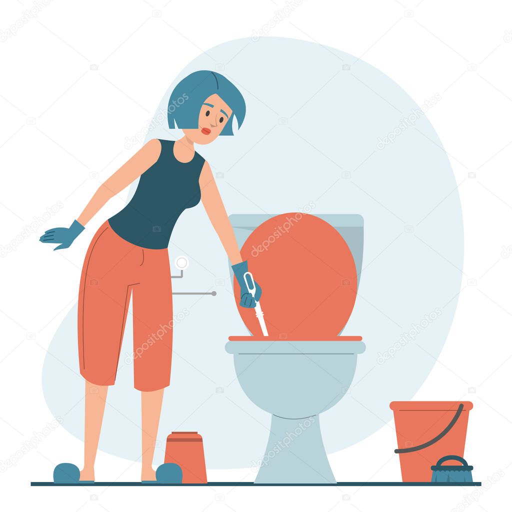 Woman cleaning dirty toilet vector isolated. Hygiene in the house, daily routine. Female character in gloves washing bathroom.