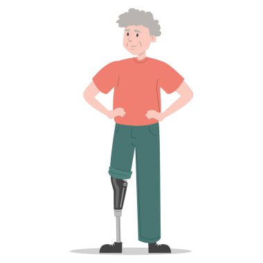 Protez bacaklı mutlu yaşlı bir adam ayakta duruyor. Protez takan kıdemli karakter tasviri. Özürlü kişi, yapay bacaklı erkek karakter..