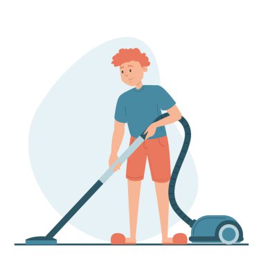 Ev vektörüyle zemini temizleyen elektrikli süpürge izole edildi. Halı temizleyen adam. Günlük rutin, ev işleri.
