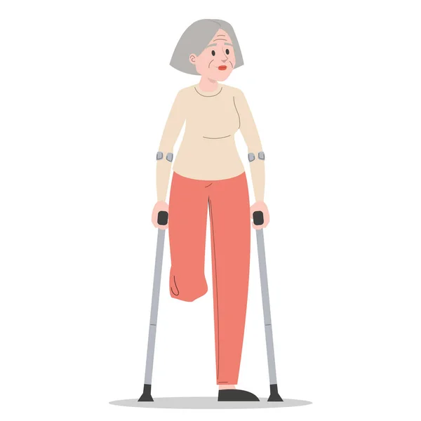 拐杖病媒上的老年妇女被隔离 受伤的老太太 截肢的腿 残疾人的概念 残疾的祖母 受伤人员 — 图库矢量图片