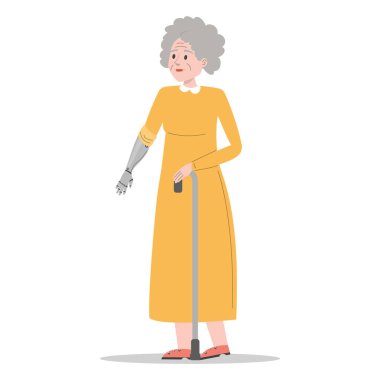 Protez kol vektörü olan yaşlı kadın izole edildi. Biyonik uzuv, ampüte olmuş yaşlı bir kadın. Özürlü insanlar kavramı. Elinde sopayla mutlu bir ihtiyar..