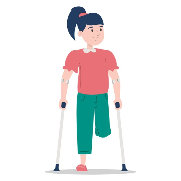 Little Girl Crutches Vector Isolated Injured Kid Amputated Leg Concept — Vector de stock