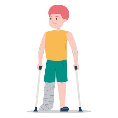 Koltuk değnekli küçük bir çocuk. Alçı taşı vektöründe bacağı kırılmış. Yaralı çocuk. Engelli kişi ayakta.