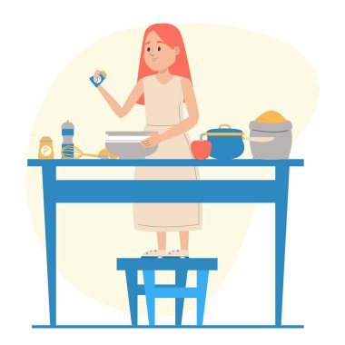 Çocuk pişirme vektörü izole. Kız masada duruyor ve kahvaltı ya da akşam yemeği hazırlamaya yardım ediyor. Günlük rutin.