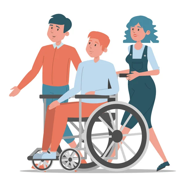 친구들은 벡터끼리 걷습니다 휠체어를 장애인 청년은 절친들 시간을 보내고 있습니다 — 스톡 벡터