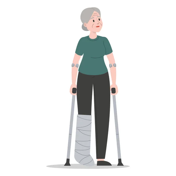 Una Anciana Con Muletas Una Pierna Rota Yeso Aislado Personaje — Vector de stock