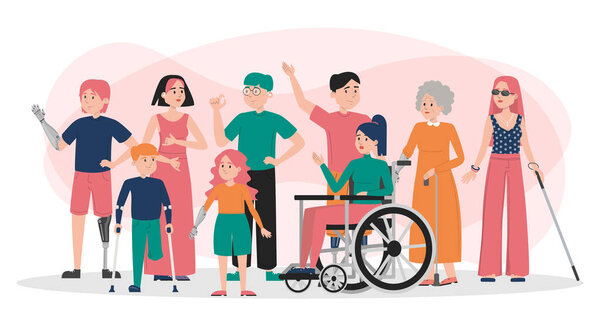 International day of persons with disabilities banner vector isolated. Handicapped people together. World day of disabled people. Lady in wheelchair, man with prosthetic arm and leg, blind woman.