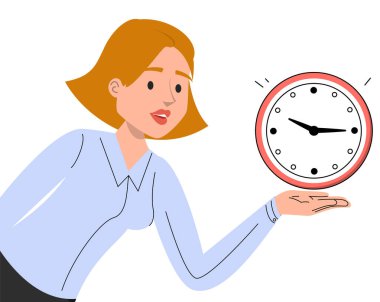 İş kadını kırmızı saati elinde tutuyor. Zaman kavramı, zaman işliyor. Çalar saati olan bayan müdür. İş yerinde dakiklik.