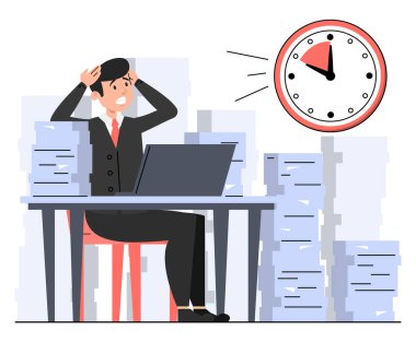 Ofis çalışanı etrafta kağıt yığınları ile oturuyor ve izole edilmiş saat vektörüne panik içinde bakıyor. Zaman yönetimi, planlama ve son tarih.