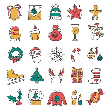 Karalama Noel ve Yeni Yıl ikonları seti izole edildi. Mutlu kış tatilleri, hediye paketleri ve tebrik kartları için dekorasyon.
