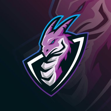 Rozet, amblem ve tişört baskısı için modern illüstrasyon konsepti tarzına sahip ejderha maskotu logo tasarımı vektörü. Spor takımı için baş ejderha çizimi.