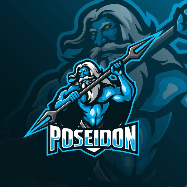 Poseidon Maskot Logo Tasarım Vektörü Rozet Amblem Tişört Baskısı Için — Stok Vektör