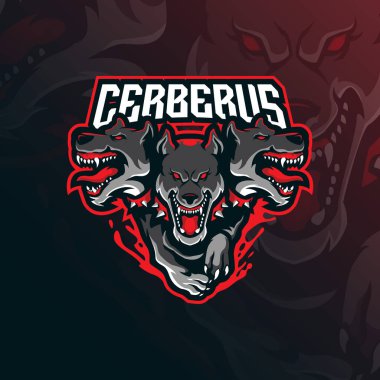 Rozet, amblem ve t-shirt baskısı için modern illüstrasyon konsepti olan Cerberus maskot logo tasarım vektörü. Spor takımı için kızgın cerberus illüstrasyonu.