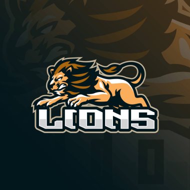 Aslan maskotu logosu tasarım vektörü. Spor takımı için aslan illüstrasyonu.