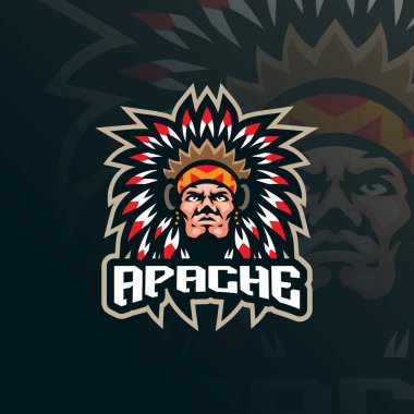 Apache maskot logosu tasarım vektörü. Spor ve esport takımının kabile başkanı illüstrasyonu.