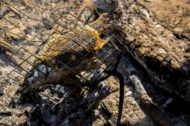 Izgara balık, demir ızgara, yangın, odun, kömür.