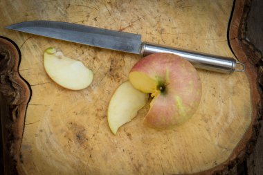 Apple, bıçak, ahşap döşeme, dokular, keser, tatili.