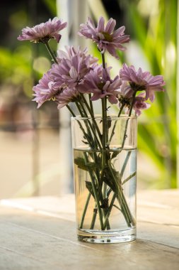 Ahşap bir masaya soluk Pembe çiçek