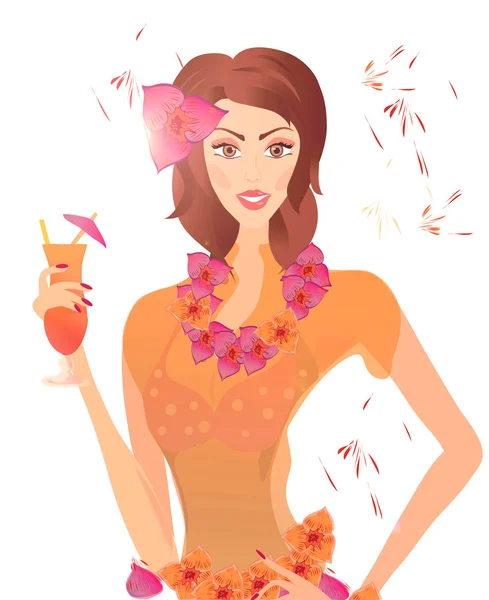 Woman with Cocktail and Flower Wreath — Stock Photo, Image