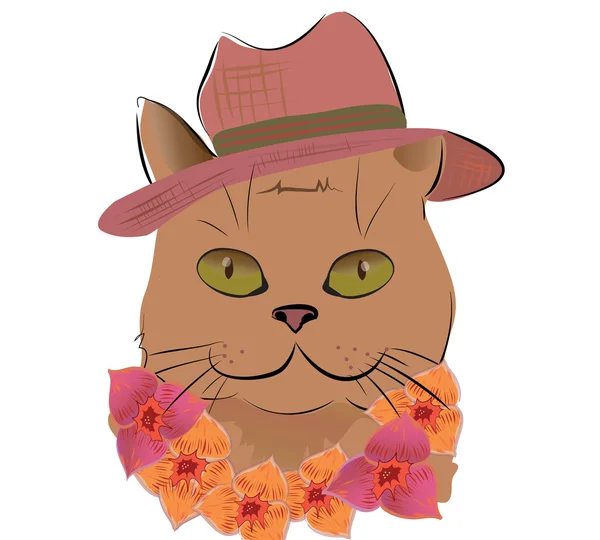 Sombrero de gato sonriente y corona de flores — Vector de stock