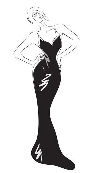 Mulher com vestido de cocktail preto longo —  Vetores de Stock
