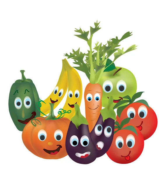 Ilustración Colección de frutas y verduras animadas Tomates, pimientos, calabaza, berenjena, zanahoria, plátano y manzana Personajes con expresiones faciales — Vector de stock
