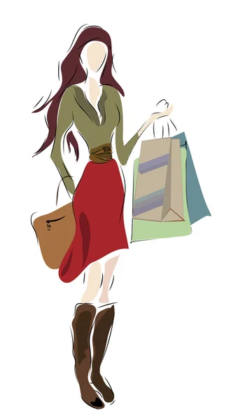 Mujer de compras con bolsas — Vector de stock